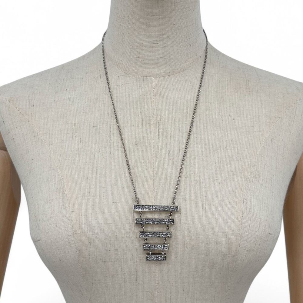Mark by Avon Statement Necklace Silvertone Rhinestone Stacked Geometric Pendant - Picture 3 of 8